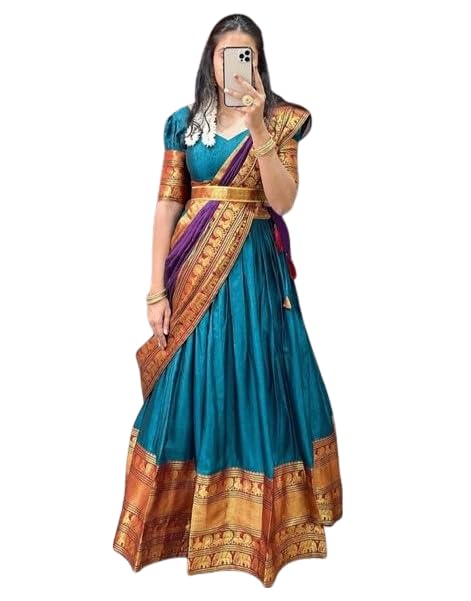 Image of RENVAANI Women's Traditional Kanjivaram Kanchipuram Silk Unstitched Lehenga Choli with Dupatta (Firozi Maroon Dup Purple)