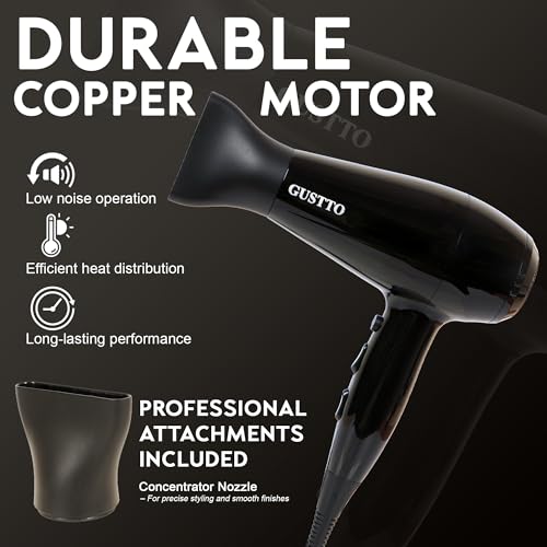 Image of Hair Dryer for Women | Fast Drying, Low Heat Damage, Smooth & Frizz-Free Hair | 1800-2000W Professional Blow Dryer with Cool Shot | Gustto Elevate (Black), BIS Certified