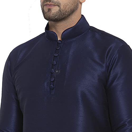 Image of Men's Silk Balloon Salwar Dhoti Pant Set (NavyB Slant Slit K But White Sal Dh40 Navy, White 40)