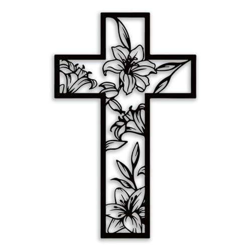 Cross Flowe Metal Wall Decor - Christian Room Decor Inspirational Wall Art Home Decor for Living Room Bedroom Dining Room Office (Black)