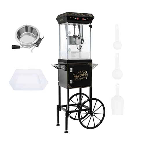 Image of Movie Theater Popcorn Maker Machine, Professional with 8oz Kettle & Cart Makes 32 Cups, Vintage Style on Wheels for Home & Commercial Use, Includes shovel & spoon, Black