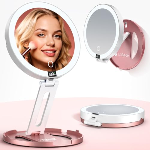 LitBear Travel Mirror with Lights Foldable Double-Sided 10X/1X Magnifying Mirror Rechargeable & Portable Lighted Makeup Mirror for Beauty 3 Color Lighting Dimmable Touch Screen Smart Display