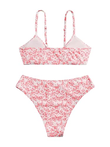 Image of COZYEASE Girls' 2 Piece Ditsy Floral Print Knot Front Ruched Triangle Bikini Swimsuit