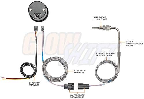 GlowShift Tinted 7 Color 1500 F Pyrometer Exhaust Gas Temperature EGT Gauge Kit - Includes Type K Probe - Black Dial - Smoked Lens - for Diesel Trucks - 2-1/16" 52mm