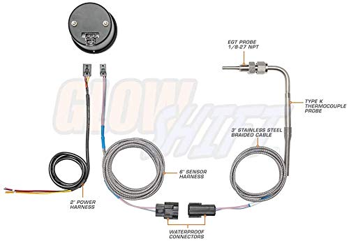 Glowshift Tinted 7 Color 1500 F Pyrometer Exhaust Gas Temperature Egt Gauge Kit - Includes Type K Probe - Black Dial - Smoked Lens - For Diesel Trucks - 2-1/16" 52Mm #TOP1