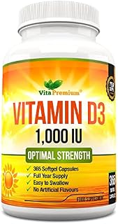 Vitamin D 1,000 IU, Optimal Strength Vitamin D3 Supplement, 365 Easy to Swallow Softgels - Full Year Supply