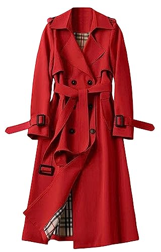 CHARTOU Women Double Breasted Mid Long Trench Coat with Belt Lightweight Windbreaker Long Duster Trenchcoat (Small,Red)