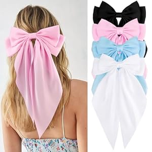 VELSCRUN Women & Girls 4-Piece Silky & Satin Hair Bows – Black, White, Pink, Blue – Large Coquette & Oversized Hair Barrettes & Accessories