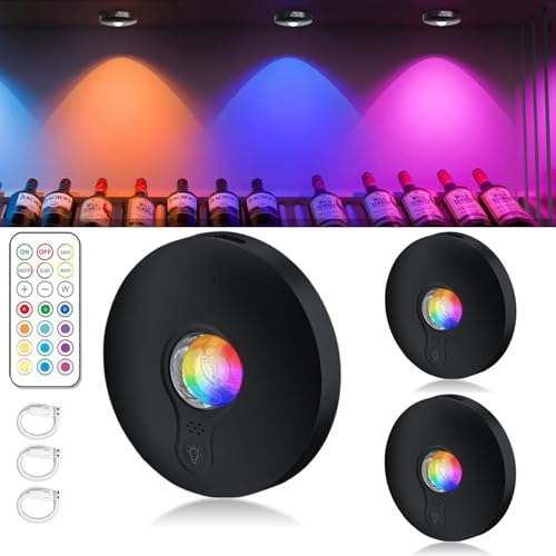 LED Under Cabinet Lights Rechargeable,Wireless RGB Puck Light with Remote,1500mAh,13 Colors & 2 Dynamic,Push Lightings with Timer,Dimmer Stick on Lights for Kitchen,Cabinet,Shelf 3 Pack Black