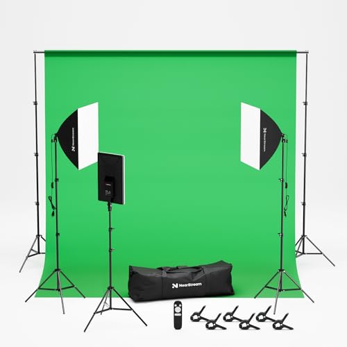 Image of NearStream VK40 Professional Photography Lighting Kit with 9.8x9.8ft Green Backdrop with Stand, 24 inch Softbox Kit, 19 inch Pannel Light with Remote Control, Studio Equipment for Video Shoot /Photography