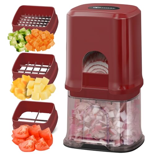KEOUKE Multifunctional Vegetable Chopper Red - 3 Interchangeable Blades Potato French Fry Cutter with Container & Storage Box Food Chopper Dicer for Cucumber, Tomato, Carrot, Onion