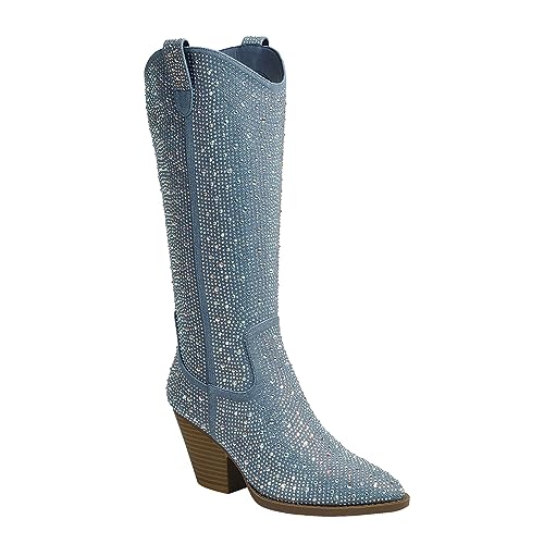 Women's Rhinestones Cowboy Knee High Boots River 11 Blue Denim Rhinestone 9