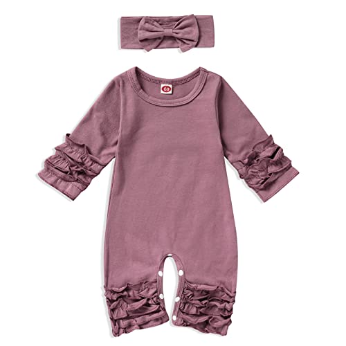 Image of GRNSHTS Newborn Baby Girls Ruffle Romper Solid Long Sleeve Jumpsuit One-Piece Coming Home Clothes With Headband