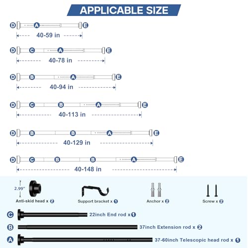 Image of Long Tension Curtain Rod 40-148inch Black Shower Curtain Rods no Drilling Adjustable Tension Rod for Windows,Shower,Patio,Doorway,Heavy Duty Spring Rods Diameter 1.26inch
