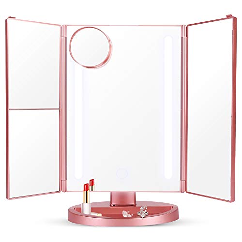 lifecolor Vanity LED Makeup Mirror, Trifold Mirror with 2x/3x/10x Magnification 4 Panels and USB Charging/Battery Operated, 180-Degree Adjustable Stand Countertop