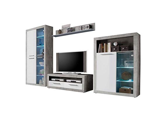 STONE Wohnwand Komplett-Set in Beton Optik, Weiß - Moderne Schrankwand für Ihr Wohnzimmer - 304 x 194 x 48 cm (B/H/T) – Bild 7