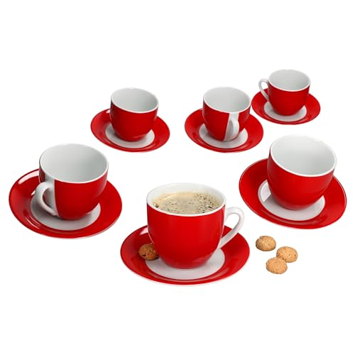 MamboCat Variant Lot de 6 tasses à café rouges avec soucoupes pour 6 personnes I Service en porcelaine colorée pour le petit déjeuner et le café I 6 tasses à thé de 200 ml et soucoupes I Vaisselle