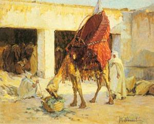 Peinture à l'huile tableau Arabs and Camels de Marie Nivoulies, décoration murale 30x36 pouces