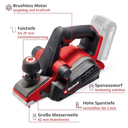 Einhell Professional Akku-Hobel TP-PL 18/3 Li BL-Solo Power X-Change (18 V, Brushless, 82 mm Hobelbreite, bis 3 mm Spantiefe, Falztiefen-/Parallelanschlag, inkl. 2x Wendemesser, ohne Akku)
