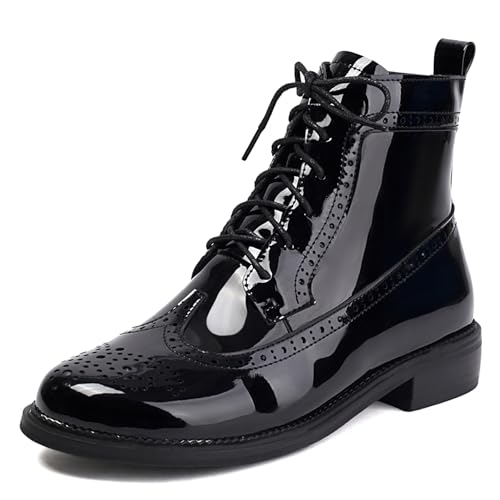 Gicoiz Femme Lacets Hiver Cuir Verni Military Brogue Bottes Confort Bloc Moyen Zip Chukka Ankle Bottines Bureau Bout Rond Noir Taille 39 EU-40Cn