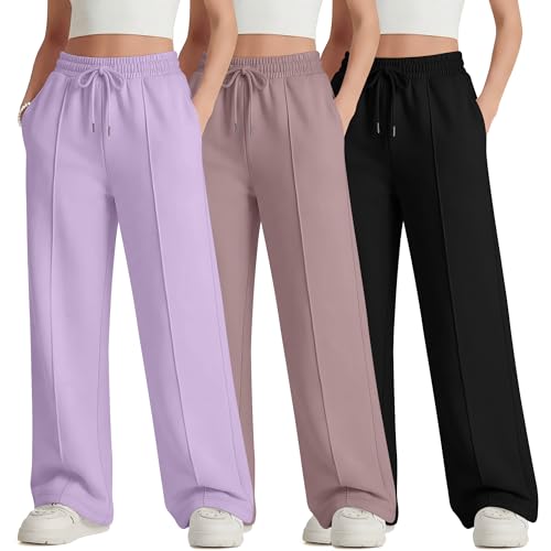LessonZoo 3 Pack Girls Wide Leg Sweatpants Drawstring Baggy Pants Teen Girls Athletic Joggers Pants with Pockets 5-14Y(Light Purple Dusky Purple Black 9-10 Years)
