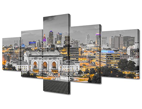 5 Panel City Skyline Black And White Wall Art Kansas City Missouri Skyline Wall Decor For Living Room Skyscrapers Artwork Wall Decor For Bedroom Posters And Prints Framed Ready To Hang (50"Wx24"H) #TOP19