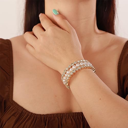 YERTTER Wedding Gold 3 Row Pearl Rhinestone Stunning Bracelet Layered Adjustable Stretch Wrap Cuff Bridals Crystal Strand Bracelet Gift for Women Brides (Gold 3)3
