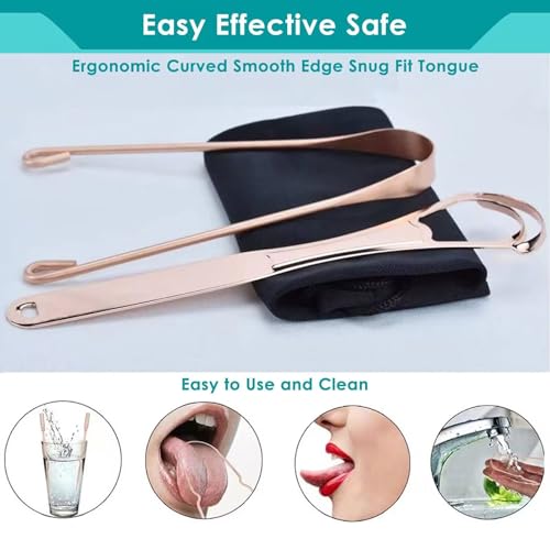 Image of 2Pcs Copper Tongue Scraper, Tongue Cleaner Set for Adults Kids, Stainless steel Wide Double Blades Oral Tongue Brush Cleaning Scrapping Sweeper for Fresh Breath and Mouth Hygiene Care with Travel Bag
