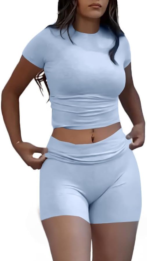 AYWA Women's Two Piece Sets Summer Slim Fitted Short Sleeve Tops Foldover Shorts Matching Lounge Sets - Image 2