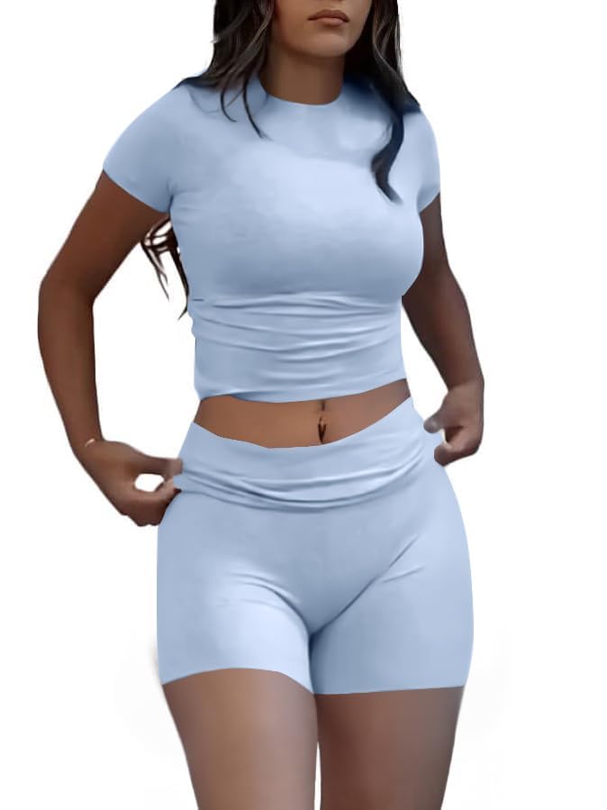 Image of AYWA Women's Two Piece Sets Summer Slim Fitted Short Sleeve Tops Foldover Shorts Matching Lounge Sets
