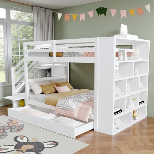 Sapgaks Lit superposé Enfant avec tiroirs et Grands casiers,Lit Enfant 90x200 cm avec échelle de Rangement,lit cabane Enfants avec clôture Haute,avec...