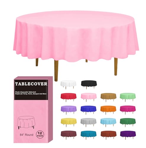 D&Z Lot de 12 nappes Rondes en Plastique Rose, 213,4 x 213,4 cm, idéales pour l'intérieur et l'extérieur, Les Mariages, la Saint-Valentin, Les Anniversaires