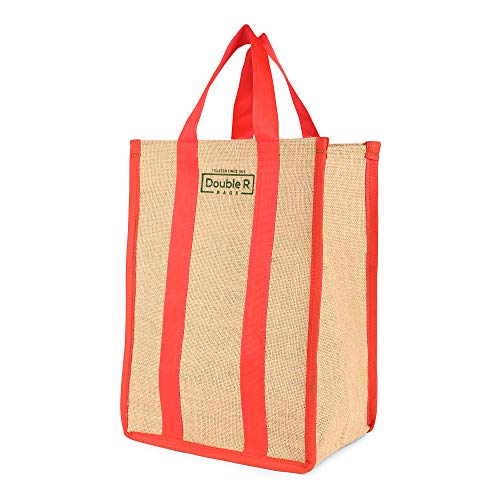 Image of DOUBLE R BAGS Laminated Jute Reusable Shopping Bags, Unisex-Adult, Shopper Tote, Vegetable Lunch Carry Bag With Full Handles Multi-Purpose Bag Stylish Designs (Red) Pack Of 1