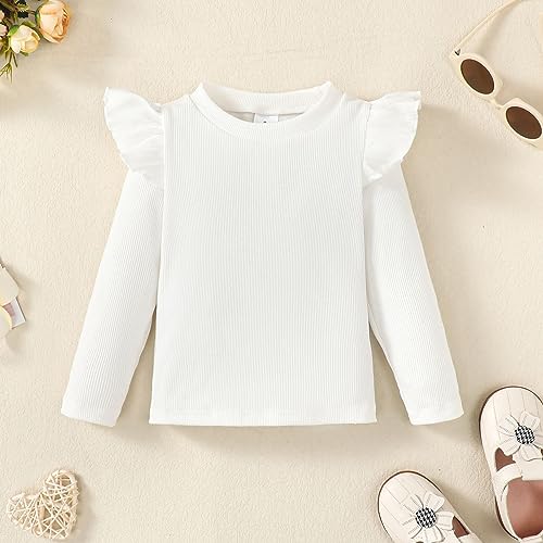 OPAWO Toddler Girl Shirts Ruffle Long/Short Sleeve Baby Girl T-Shirts Kids Blouse, Ribbed Toddler Girl Tee Tops 2-Pack 12M-6Y2