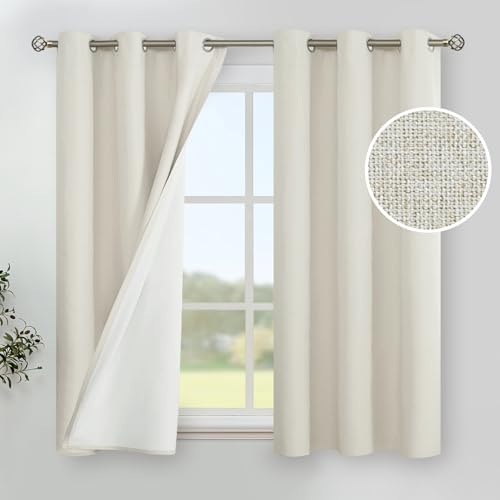 Image of YoungsTex Linen Blackout Curtains 45 Inch Length for Bedroom, Short Thermal Insulated Window Drapes Full Room Darkening with Grommet White Liner for Living Room, 2 Panels, 42 X 45 Inch