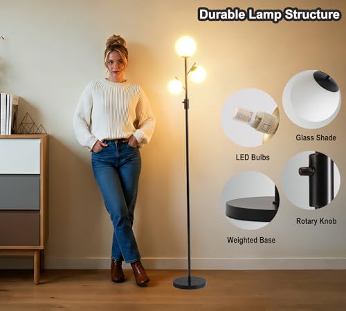 Image of Fiqevs Mid Century Modern 3 Globe Tree Floor Lamp - Dimmable LED Standing Lamp with Bulbs, Warm Light for Living Room Bedroom Office - Black