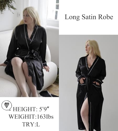 Image of Ekouaer Satin Robes for Women Long Sleeve Silk Bathrobe Soft Lightweight Full Length Sleepwear Bridesmaid Wedding Party Robes