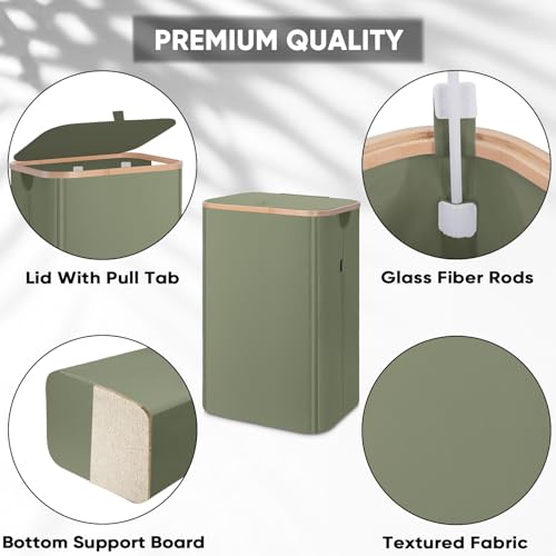 Image of BALEINE Laundry Hamper with Lid, Tall Laundry Baskets with Bamboo Pull Handles, Large Laundry Bin with Internal Support (26 Gal /100L, Green)
