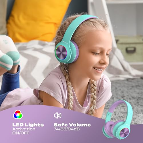 PowerLocus Kids Headphones, Bluetooth Headphones Over Ear for Kids LED Lights, 74/85/94dB Safe Volume Limit Headphone - Image 3