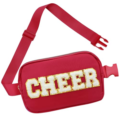 Image of PainZieteg Cheer Fanny Pack for Girls Chenille Letter Nylon Belt Bag Red | Ideal Birthday or Christmas Gift for Cheerleaders and Women, Durable Crossbody Waist Pack for Sports and Team Events