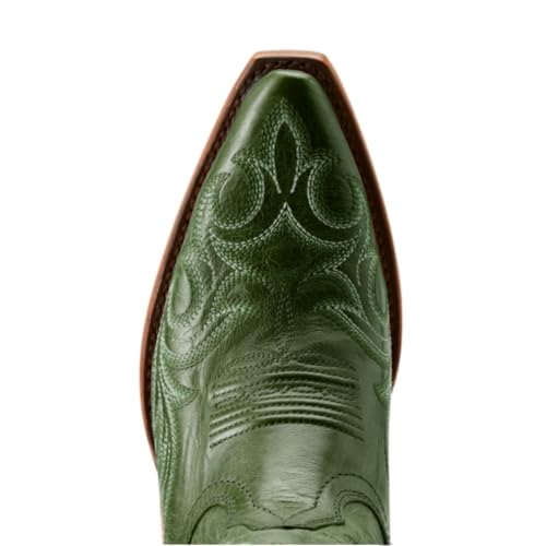 Women Vintage Western Boots Embroidered Knee High Cowboy Boots Chunky Stacked Heel Square-Pointed Toe Mid Calf Cowgirl Boots Metallic Matte Leather Pull On V Cut Fall Boot Exotic 4-11 M US4