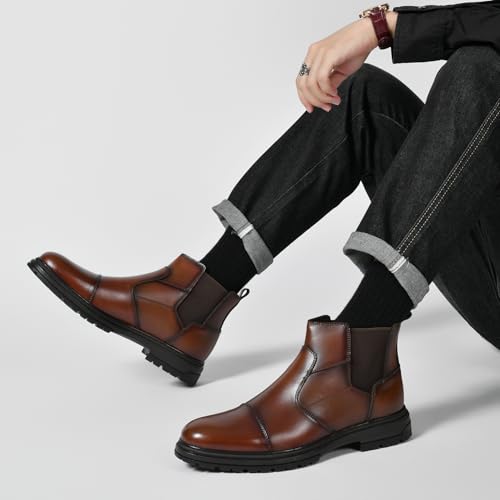 Image of Holy dove Men's Chelsea Boots, Cap Toe Slip On Coffee Brown Leather Ankle Dress Boot Mid-Top Stylish Casual Shoes for Men