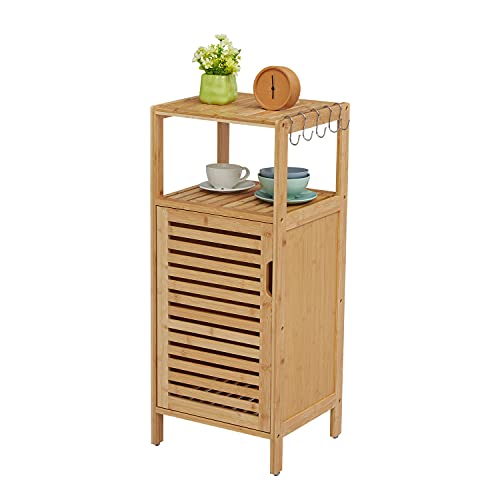 Kinlife 2 Bamboo Cabinets with 5 Hooks - Free Standing Bathroom Storage Organizer with Doors and Open Shelves Multifunctional Kitchen Cupboard, Nature