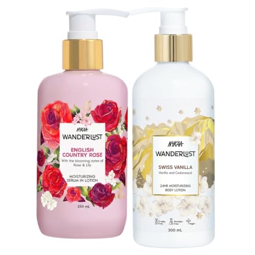 Nykaa Wanderlust Hydrating Body Lotion Combo – Rose & Swiss Vanilla Scented | The ultimate body care duo! Nykaa's English Rose & Swiss Vanilla lotions offer 24hr moisture for soft, scented skin.-image-2