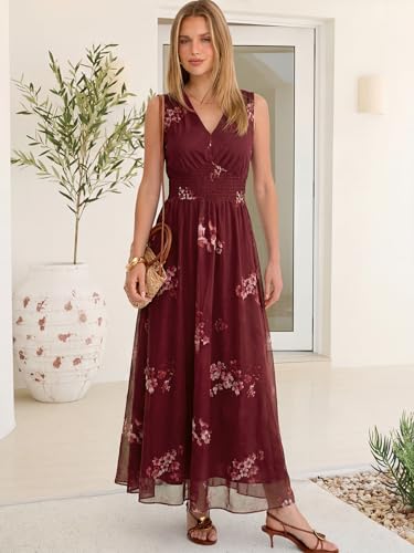 Image of ANRABESS Women's Floral Tulle Wedding Guest Maxi Dress | V Neck Sleeveless,A-Line Elastic Waist,Casual Flowy Formal Boho,Bridal Shower Garden Party Beach Vacation,Summer Fall
