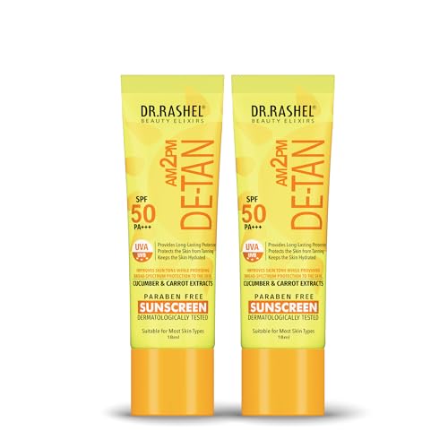 Image of DR.RASHEL DE-TAN SUNSCREEN SPF 50 PA+++ SKIN HYDRATING, PROVIDES LONG-LASTING PROTECTION WITH CUCUMBER & CARROT EXTRACT, Paraben free, All skin Type,Pack of 2(Each 18ml)