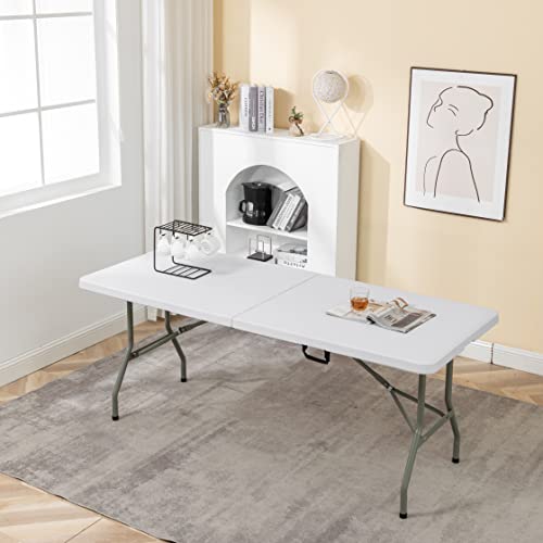 Image of BTEXPERT Plastic Folding Table Fold-in-Half 6 Ft 72 inchx29.5 inch Heavy Duty Portable Handle, Indoor Outdoor Picnic Camping Home Event Picnic Party Wedding Tailgating White
