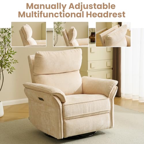 Image of Oversized Rocking Chair Nursery with Massage and Heat, Glider Recliner Nursery Chair with Adjustable Headrest, Power Swivel Rocker Recliner Chair with USB Port,Beige