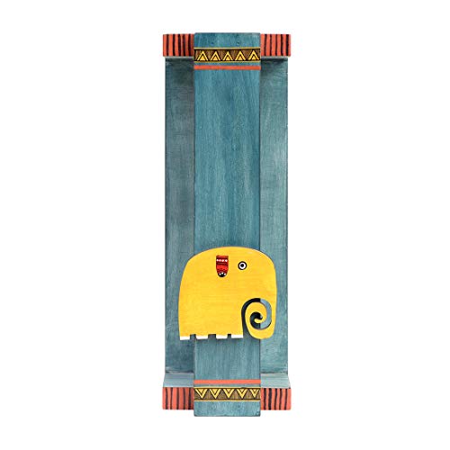 Image of Aakriti Art Creations Madhubani Art Wooden Towel Holder Stand | Happy Elephant Wall Mounted Towel Rack | Matte Finish Blue Wall Mounted Towel Holder for Bath & Wash Area