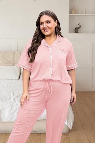 Image of Vozanet Women's Plus Size Pajamas Button Down Shirt and Pants Soft Lounge Sets Bride Nighty Bottom with Pockets 1x to 5x